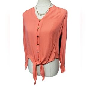 2318)Antonio Melani Silk Coral Peach Button Down Tie Front Blouse Size XS
